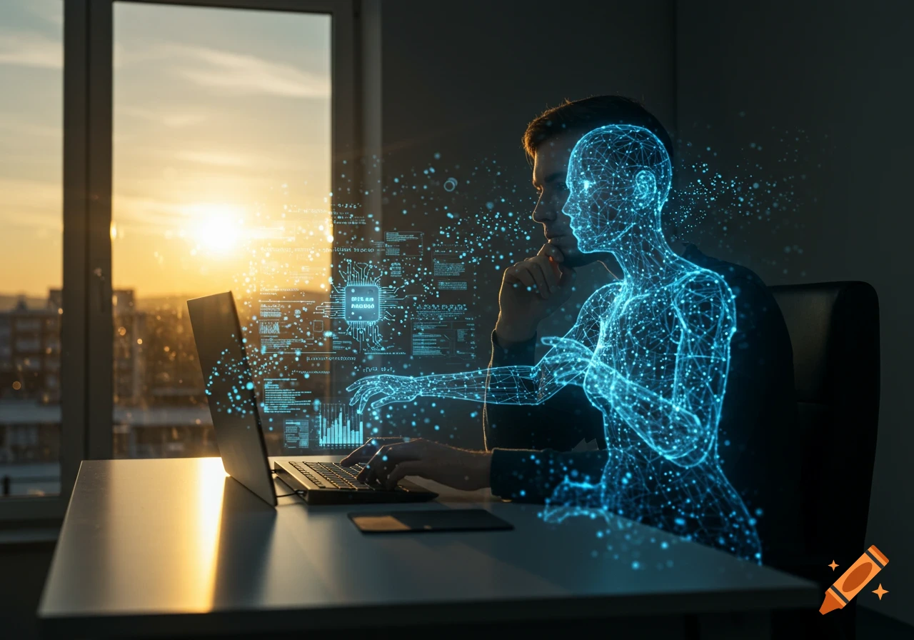 A programmer works on a laptop with a glowing blue wireframe AI figure and digital interfaces floating around him, bathed in sunset light.