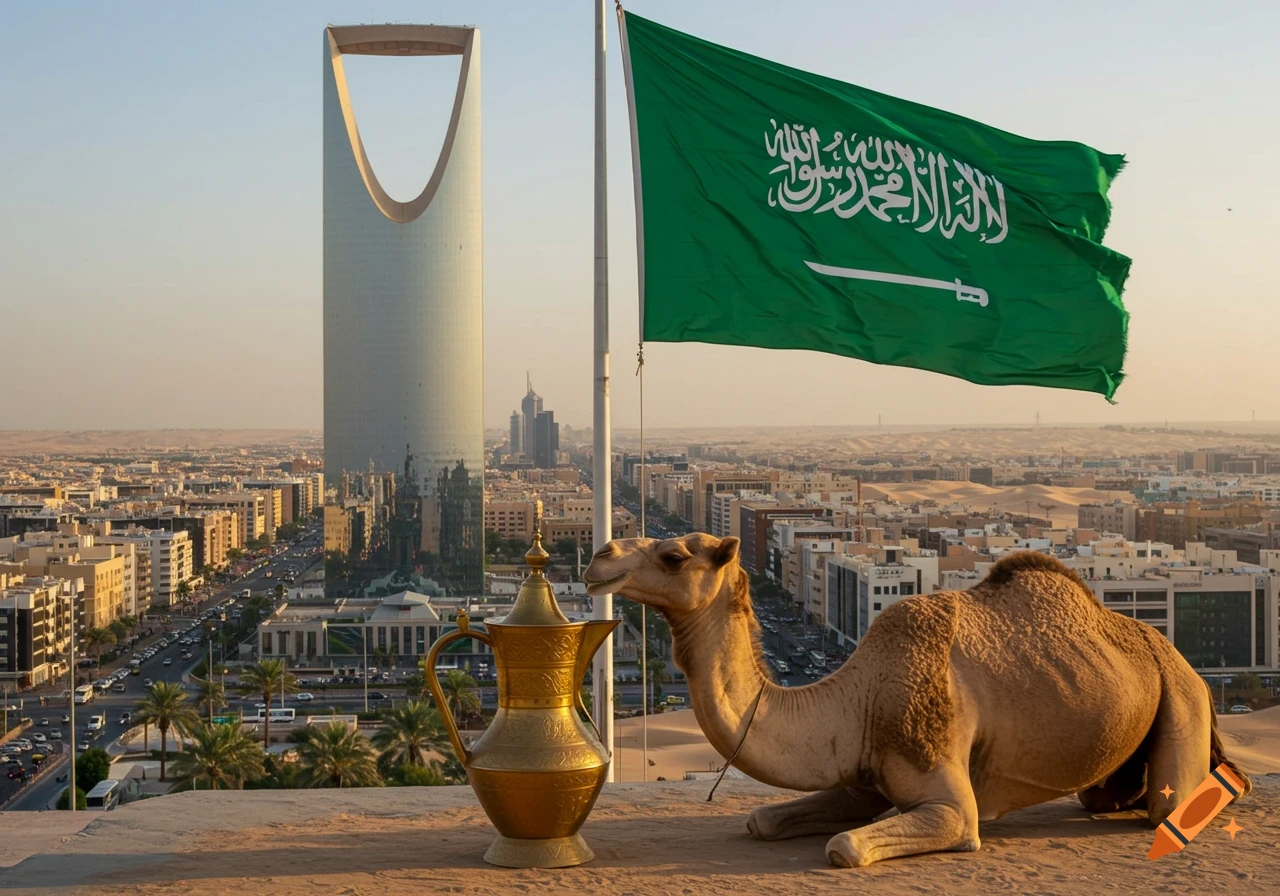 Photorealistic camel next to a golden Dallah coffee pot, with the Saudi Arabian flag and Riyadh skyline at sunset.