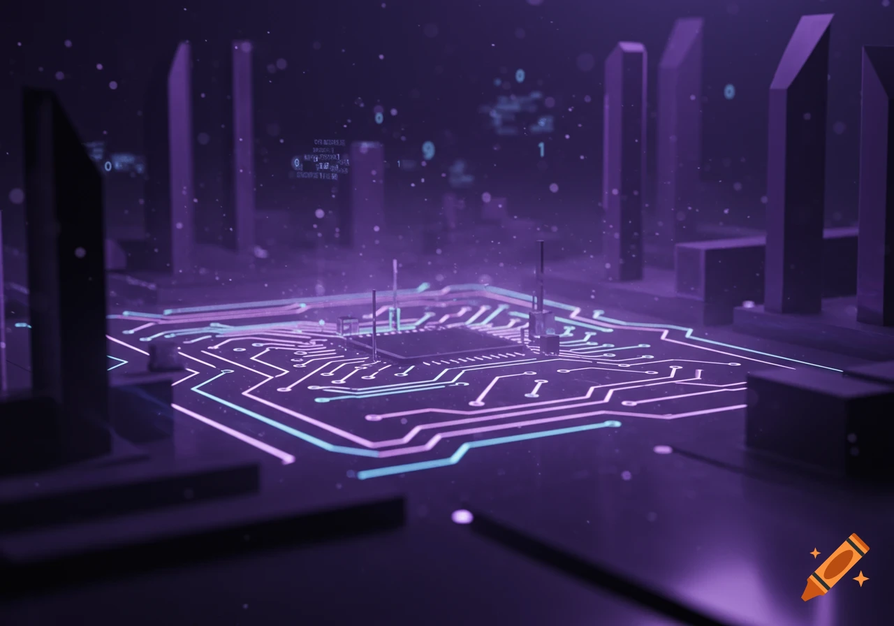 Futuristic circuit board with glowing purple and blue lines, a central processor, and floating data particles.