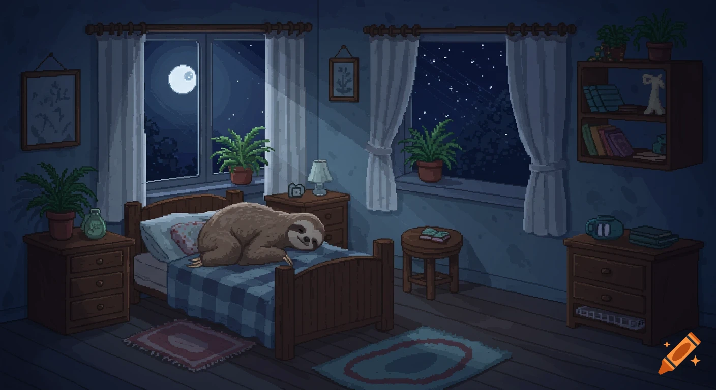 A cute pixel art sloth sleeps soundly in its cozy bedroom at night, bathed in moonlight.