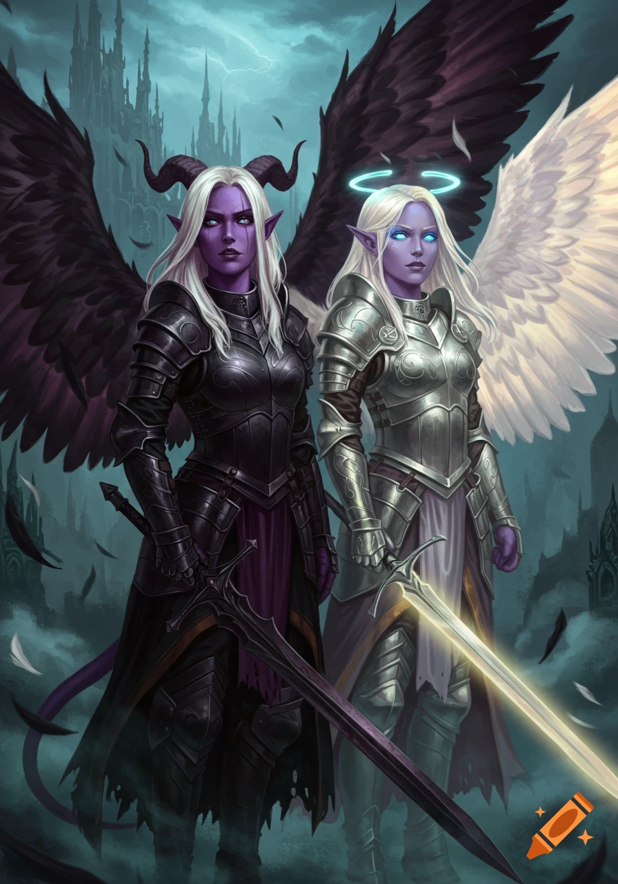 Two fantasy characters, one with black wings and dark armor, the other with white wings and silver armor, stand before a dark castle.