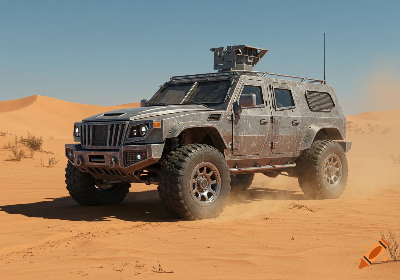 A photorealistic armored military vehicle with large tires sits in a desert with sand dunes under a clear blue sky.