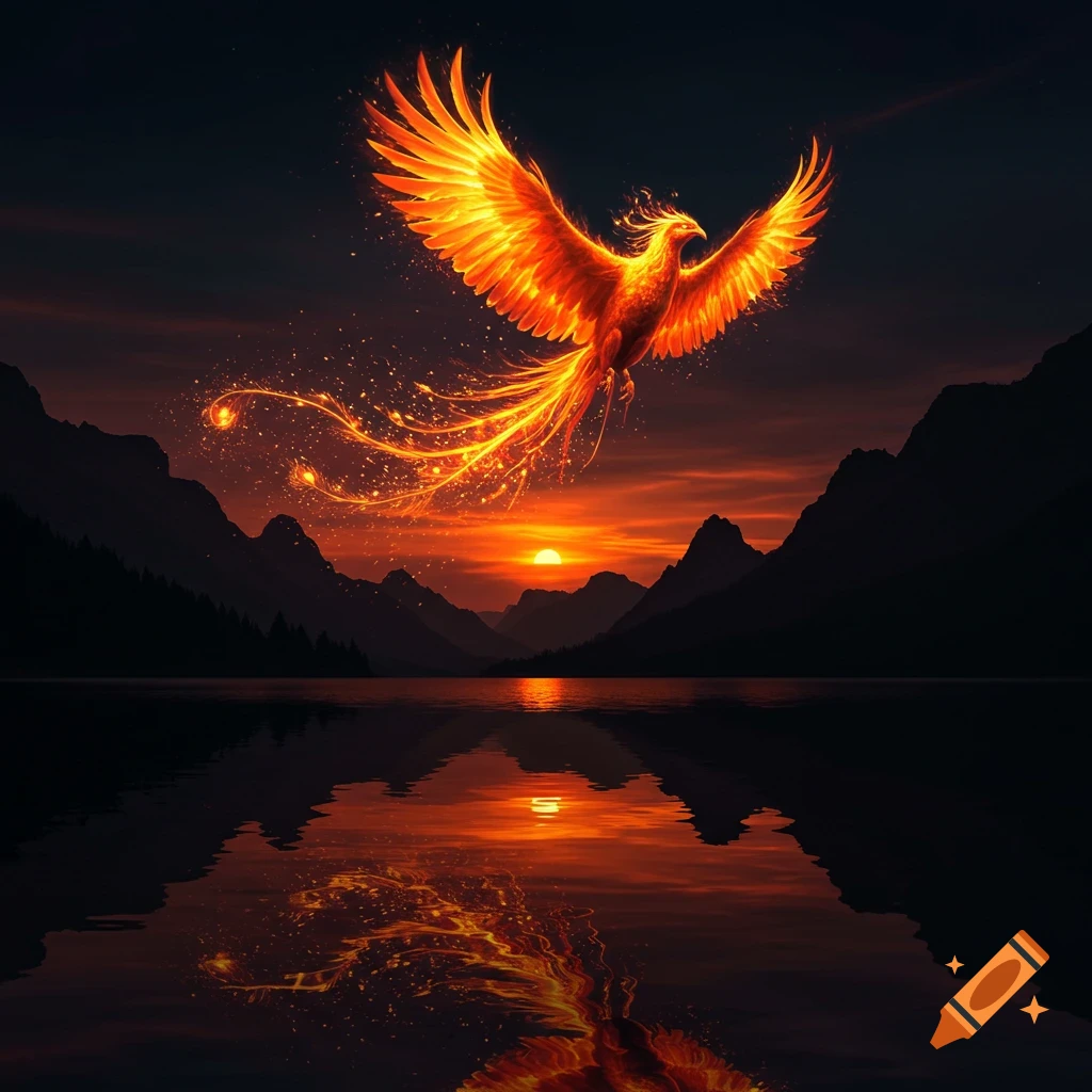 A majestic, glowing fiery phoenix flies over a tranquil lake with dark mountains and a vibrant sunset reflecting in the water.