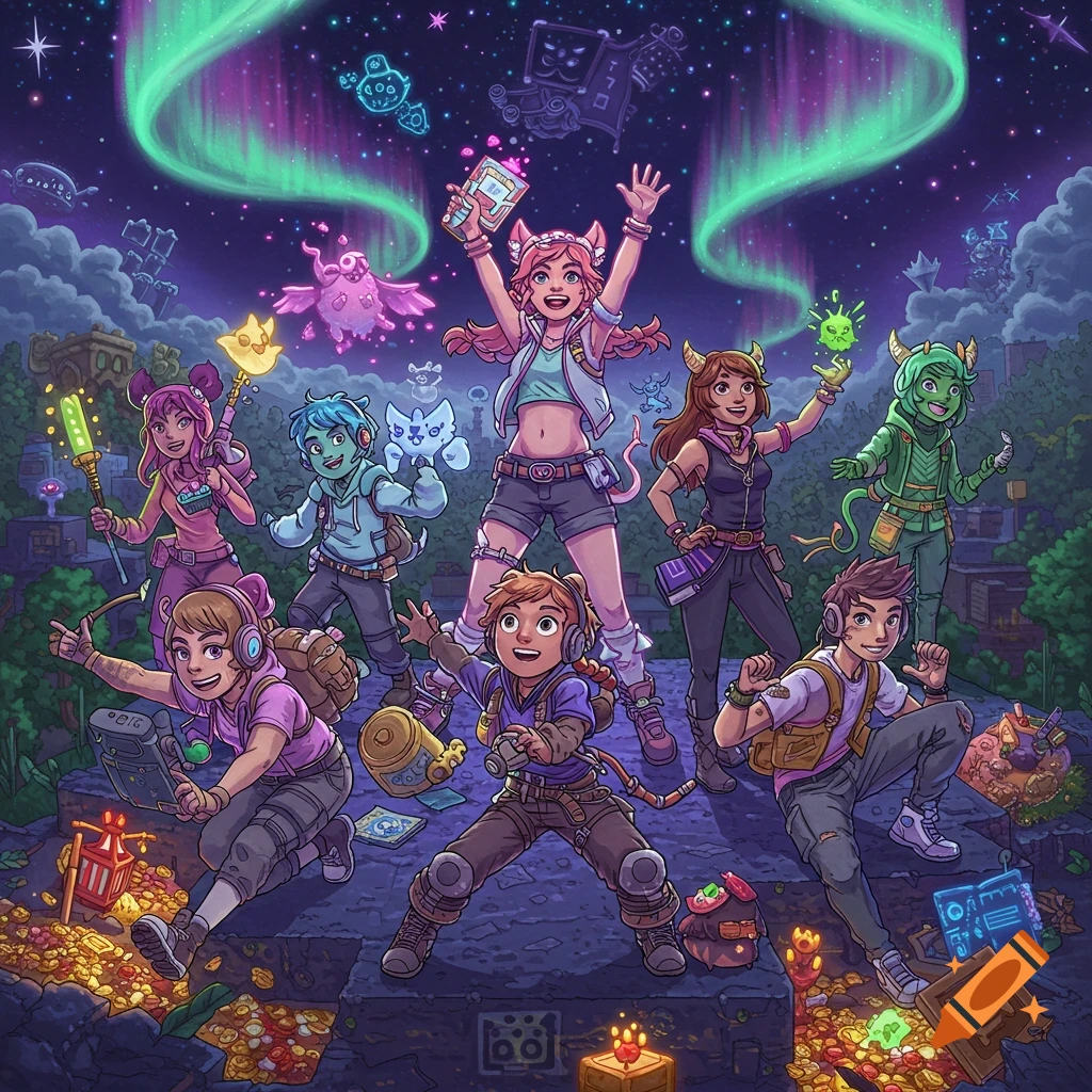 Anime-style adventurers with animal features pose under a magical aurora borealis, surrounded by glowing creatures and treasure in a fantasy game world.