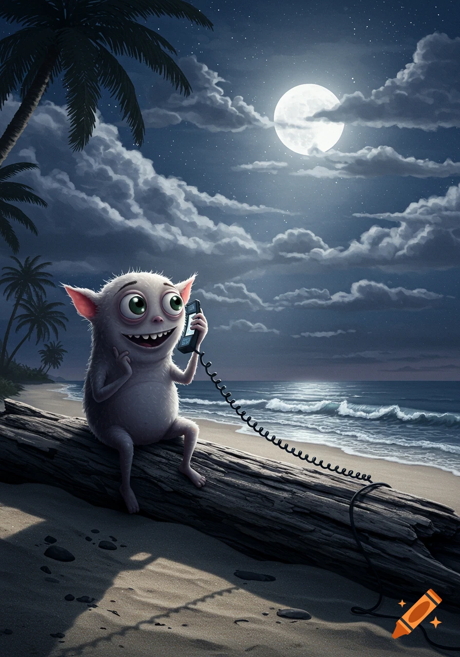 A furry, large-eyed monster sits on a log, smiling while talking on an old corded phone on a moonlit beach. Digital art.