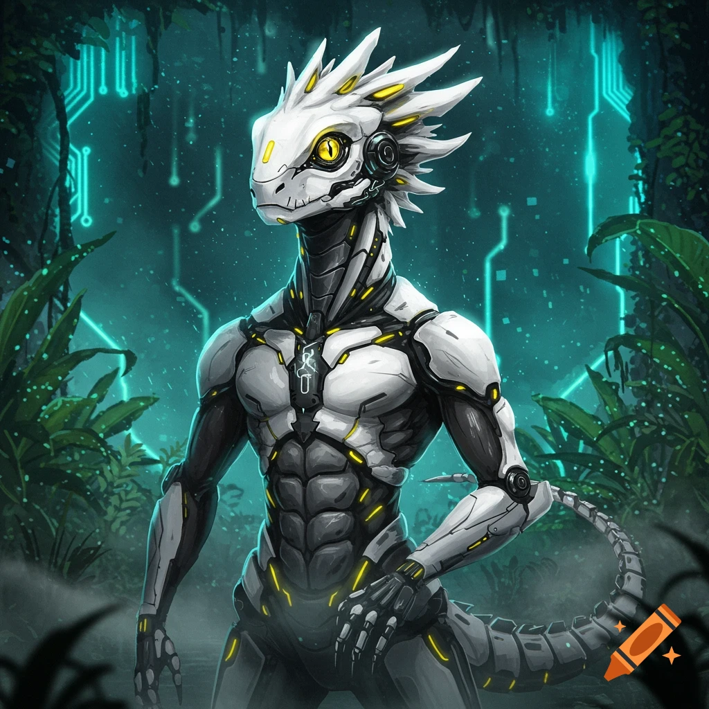 A white and grey robotic lizard creature with yellow eyes and glowing accents stands in a dark, neon-lit jungle.