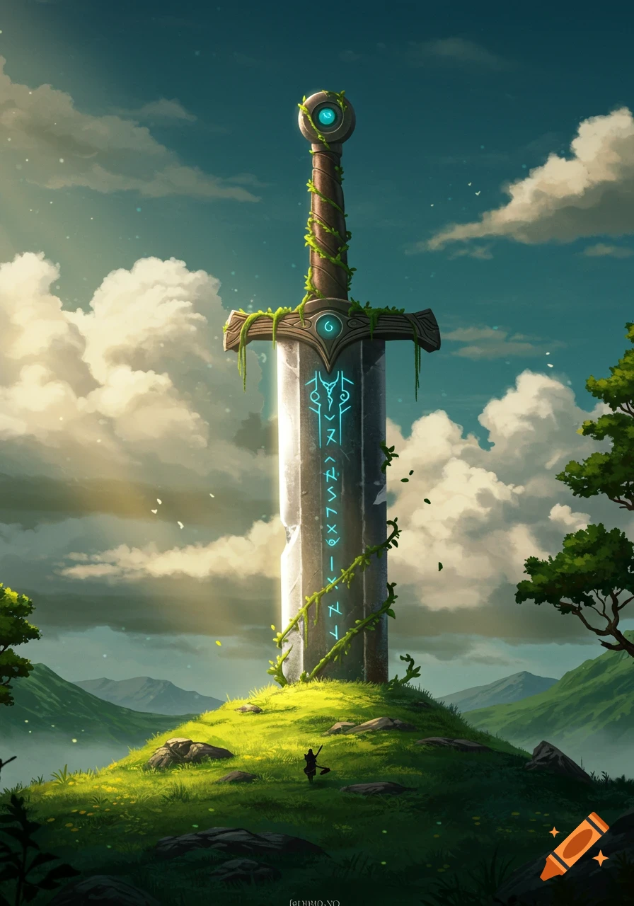 A giant, moss-covered sword with glowing blue runes stands on a grassy hill under a dramatic sky, with a small adventurer.