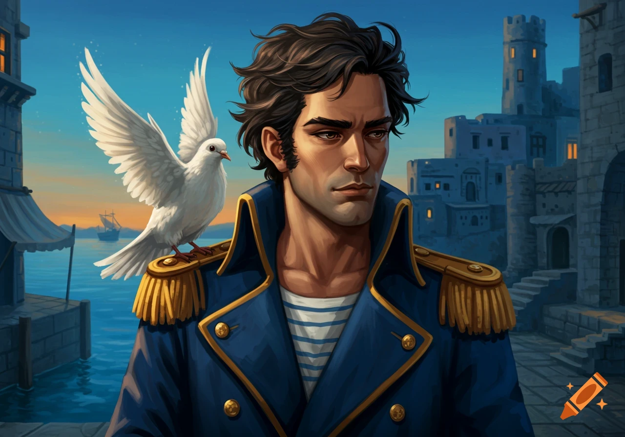 A man in a blue naval uniform with a white dove on his shoulder, overlooking a port town and ship at sunset, illustration.