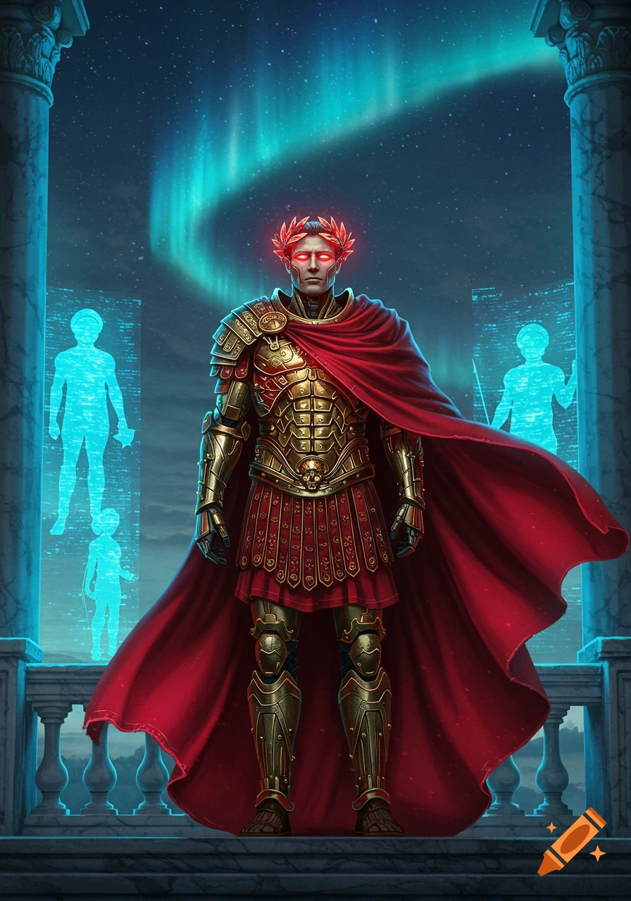 Cyber-fantasy Roman emperor in golden armor and red cloak with glowing eyes and laurel crown, on a balcony with blue holograms and an aurora sky.