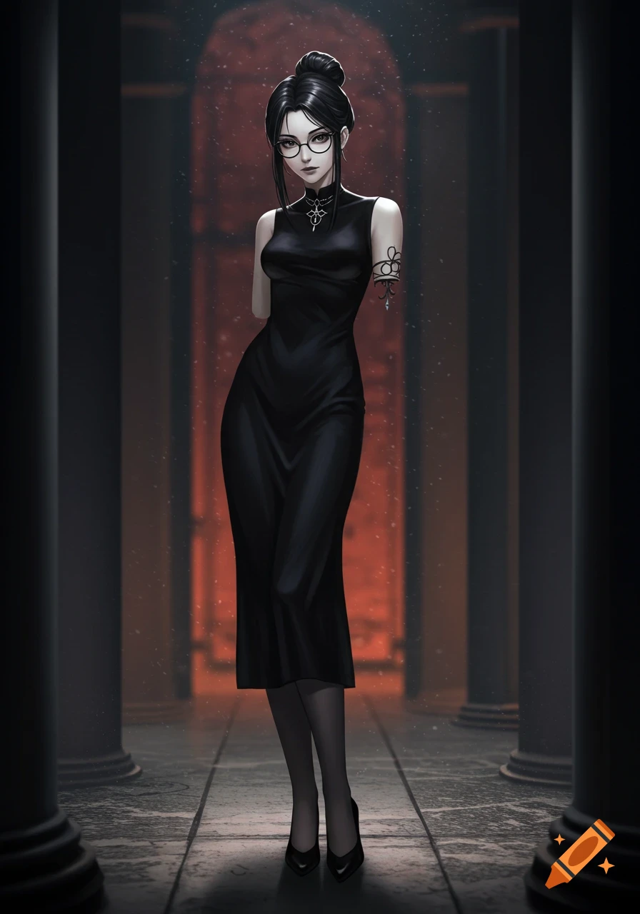 Anime girl with black hair, glasses, and amputated arms, wearing a black dress and high heels in a dark hallway, anime art style.