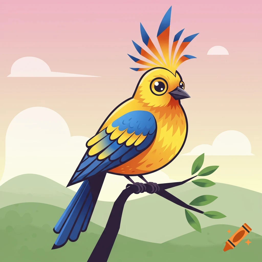 A colorful vector illustration of a yellow bird with blue wings and a spiky orange and blue crest, perched on a branch against a pastel sky.