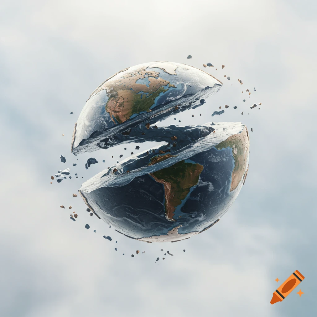 Photorealistic Earth globe split horizontally into two floating halves with debris, against a pale sky.