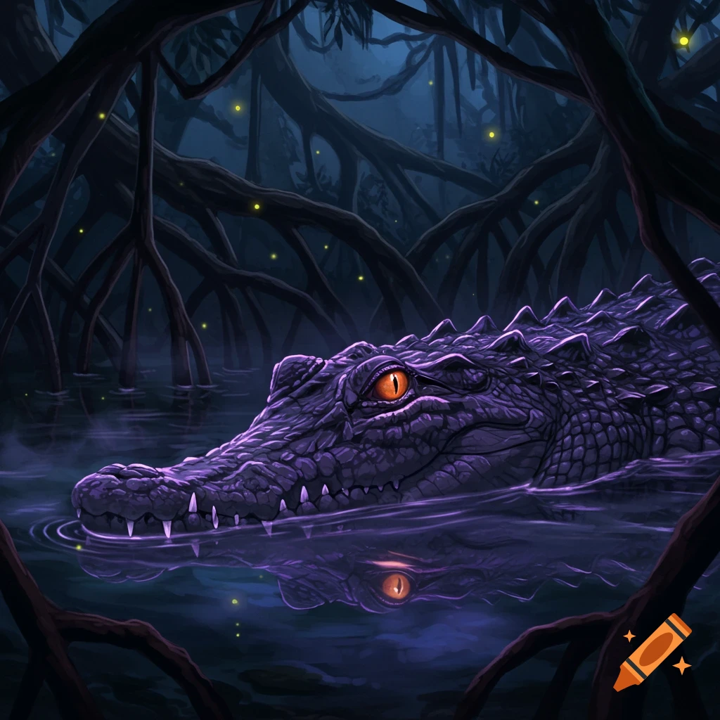 Stylized purple crocodile with glowing orange eyes in a dark mangrove swamp with fireflies.