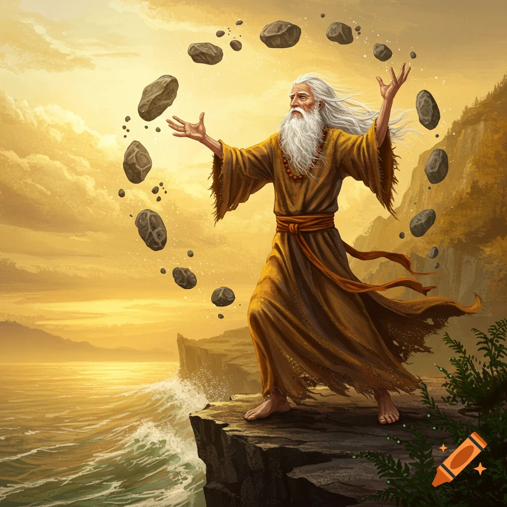 An old man with a long white beard, wearing a brown robe, stands on a cliff by the ocean, conjuring rocks that float in a circle around him under a golden sky.