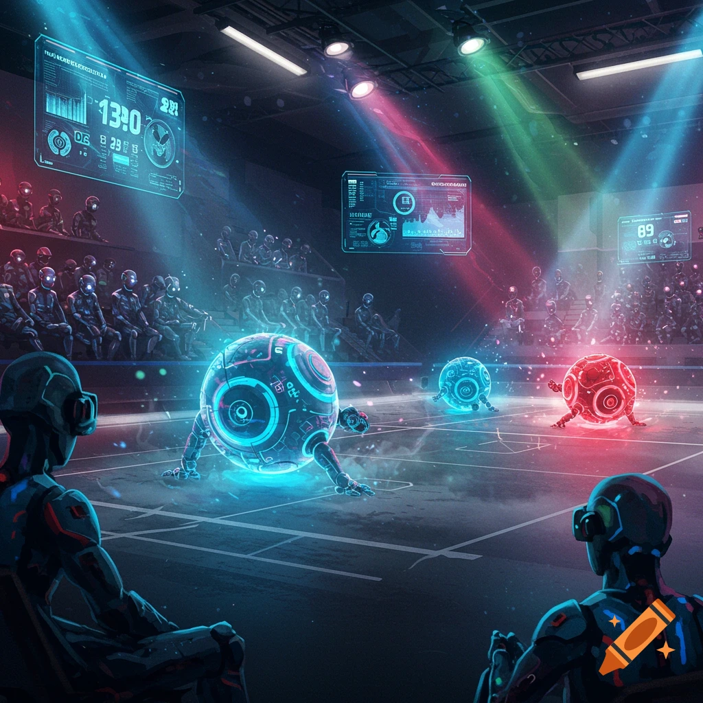A futuristic glowing robot ball game in a stadium with holographic screens and robot spectators. Bright neon blues, reds, and greens illuminate the scene.