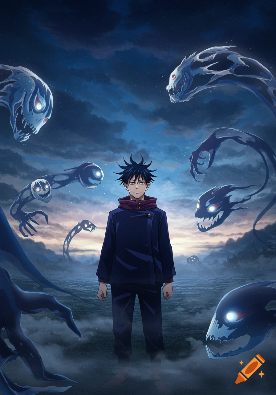 Anime character Megumi Fushiguro stands in a dark landscape, surrounded by shadowy, glowing-eyed monstrous creatures.