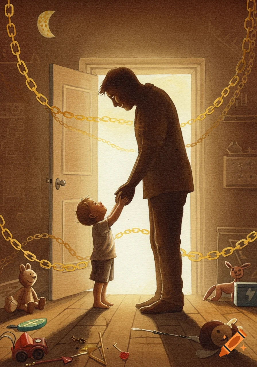 Watercolor of a child looking up at their father, holding hands. Golden chains float around them in a dimly lit room with an open door and toys.