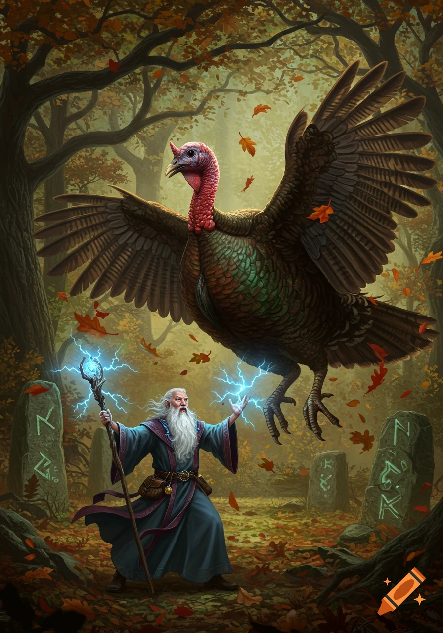 A wizard in blue robes casts a spell, surrounded by glowing runes, as a giant turkey with widespread wings hovers above him in a magical autumn forest.