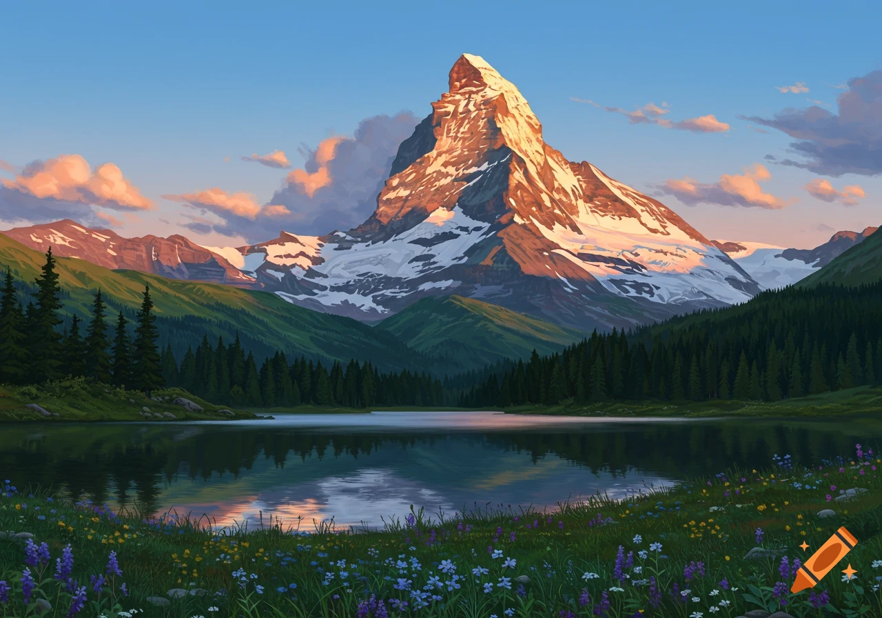 A beautiful, painterly landscape of a snow-capped mountain overlooking a serene lake reflecting the sunset, surrounded by forests and wildflowers.