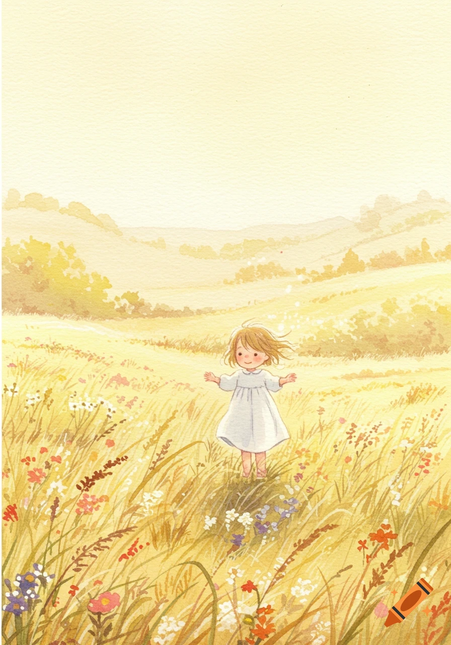 A watercolor illustration of a small child with arms outstretched, standing in a golden meadow filled with wildflowers under a soft yellow sky.