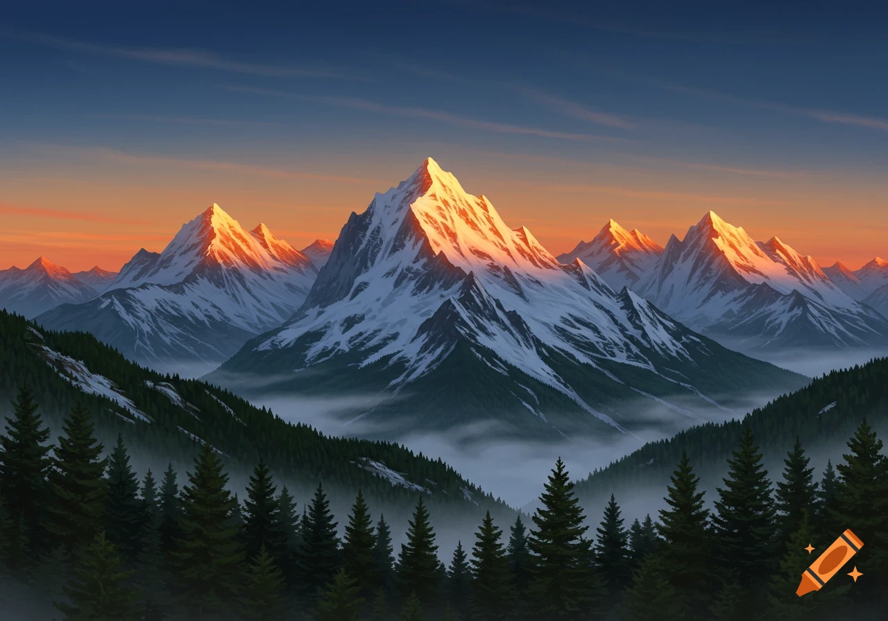 Snow-capped mountains bathed in golden sunrise light, with a valley of pine trees and mist below.
