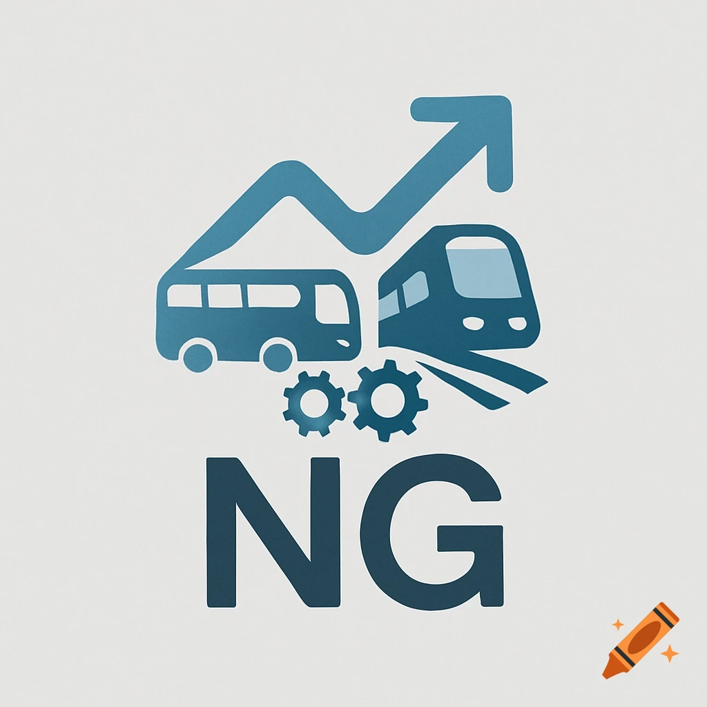 Logo for public transport software with a bus, train, gears, an upward arrow, and the letters NG.