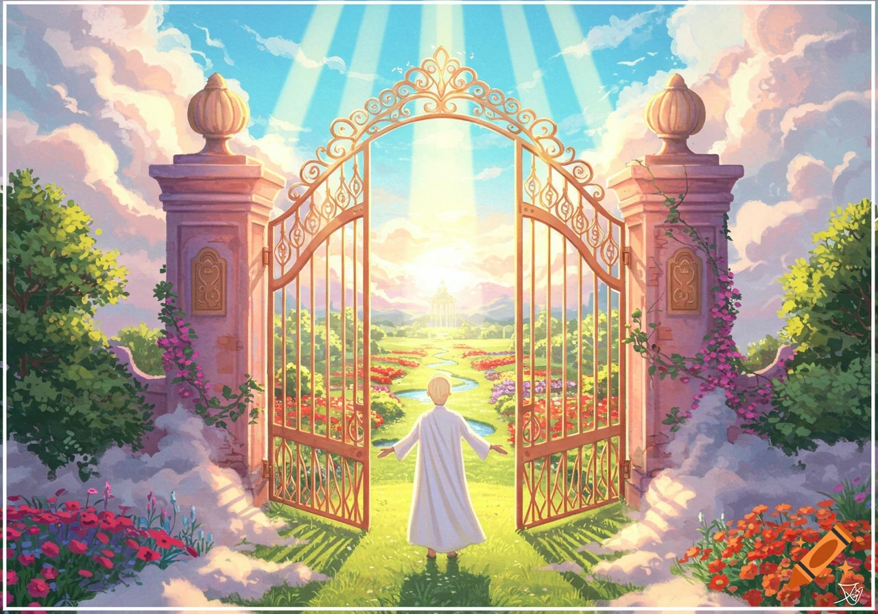 An illustration of a robed person at open golden gates, looking into a bright, lush, flower-filled heavenly landscape with a river.