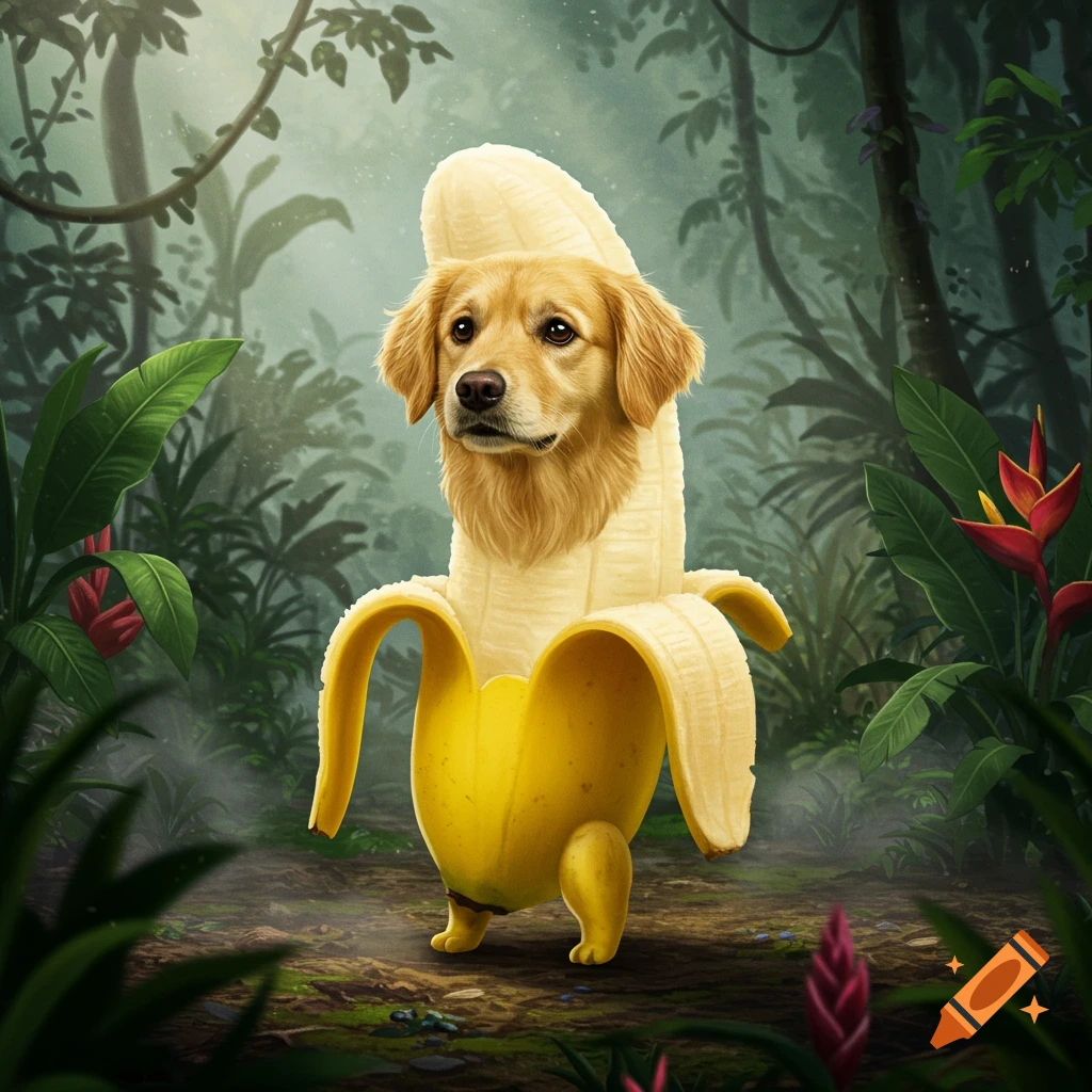 A cute, realistic golden retriever head emerges from a yellow peeled banana body, standing in a lush jungle.