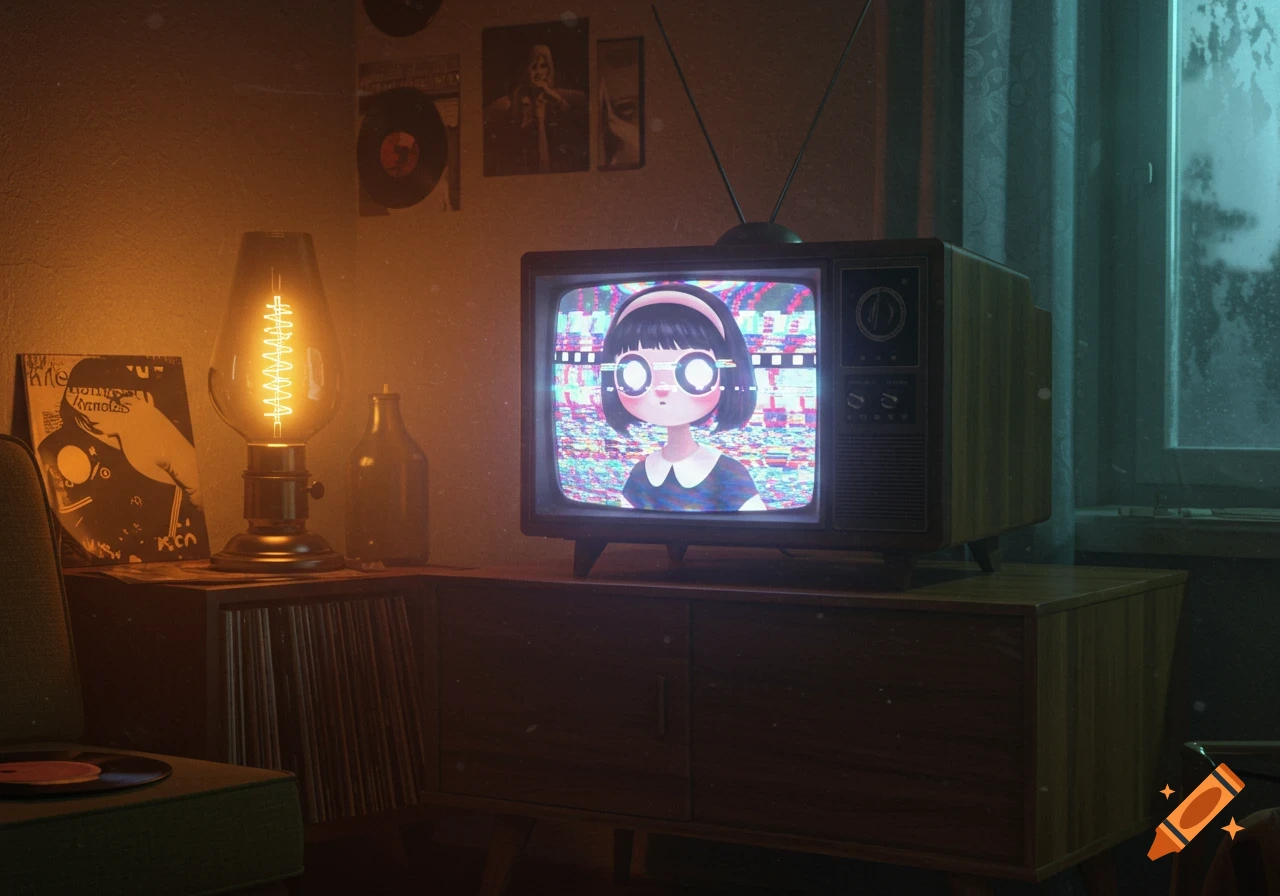 A stylized cartoon girl with big round glasses and a headband is shown on a static-filled vintage television in a dimly lit, retro-styled room with a glowing Edison bulb lamp and vinyl records.