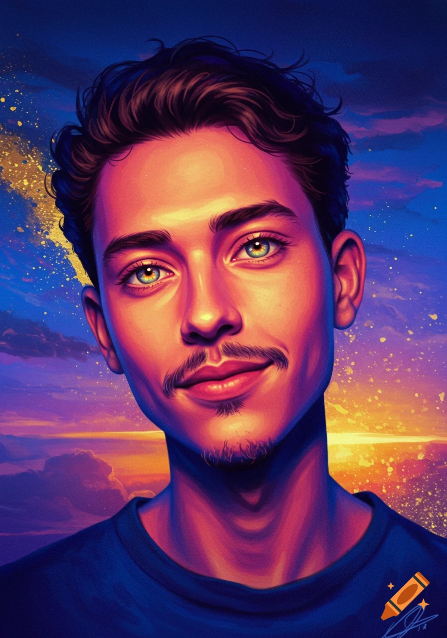 Stylized portrait of a smiling man with a goatee, vibrant colors against a sunset sky.