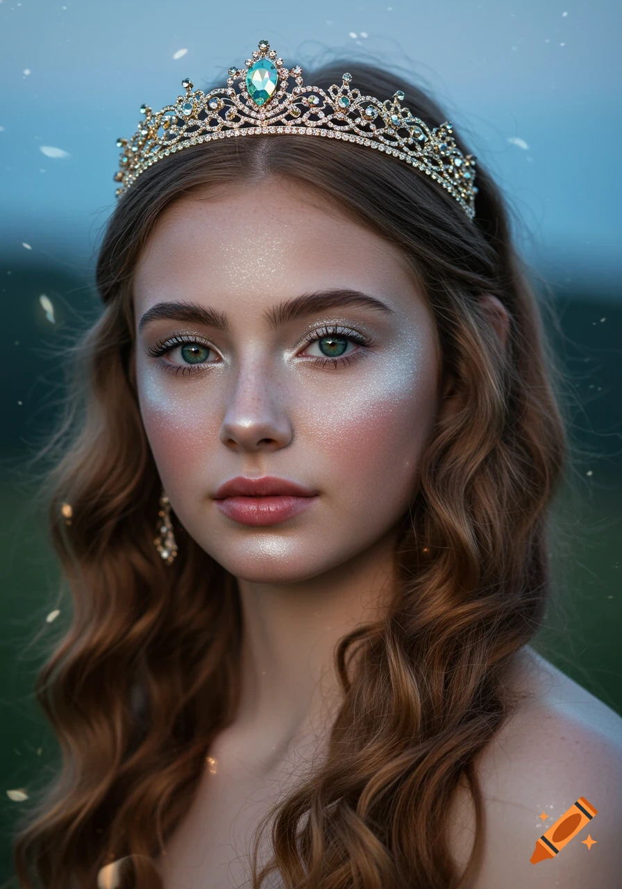 Photorealistic portrait of a young princess with a sparkling tiara, shimmery makeup, and wavy auburn hair.