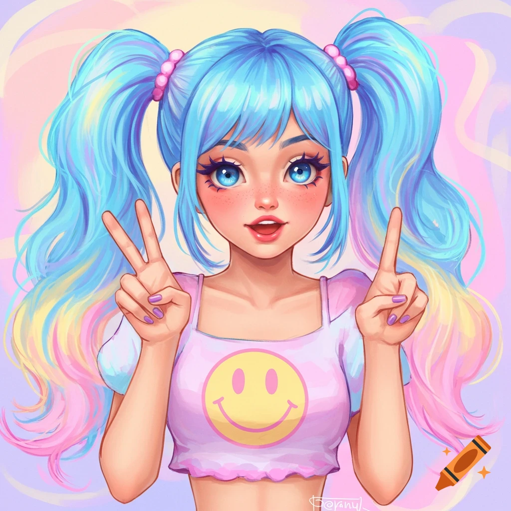 Cartoon girl with rainbow pigtails, blue eyes, and freckles, wearing a smiley face crop top and making peace signs.