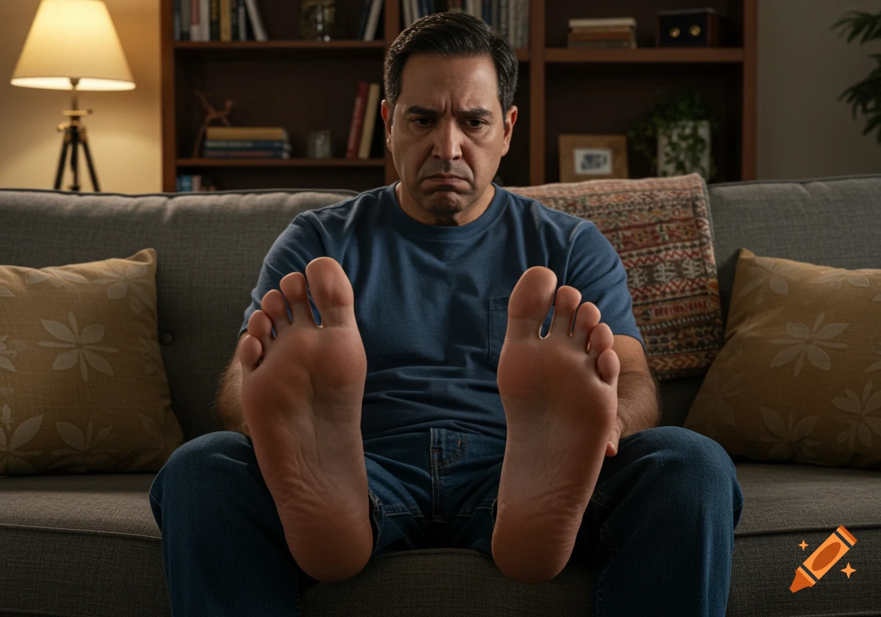 A grimacing Hispanic man sits on a couch, his bare feet prominently displayed towards the viewer.
