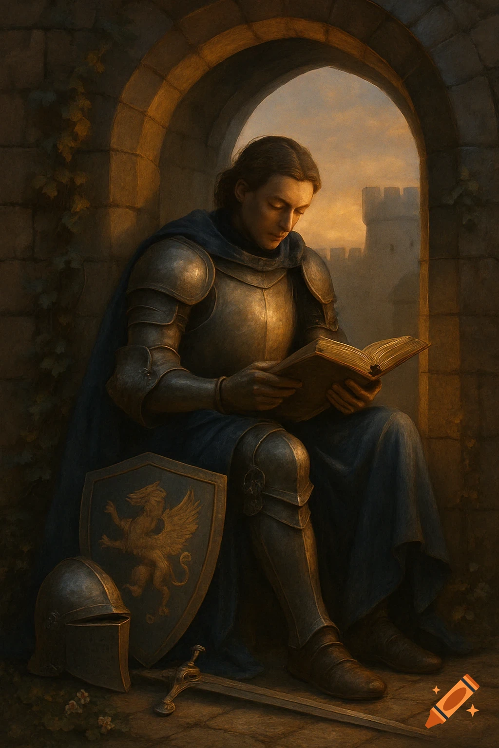 A knight in armor sits in a stone archway reading a book, with a shield, helmet, and sword beside him. Sunset light.