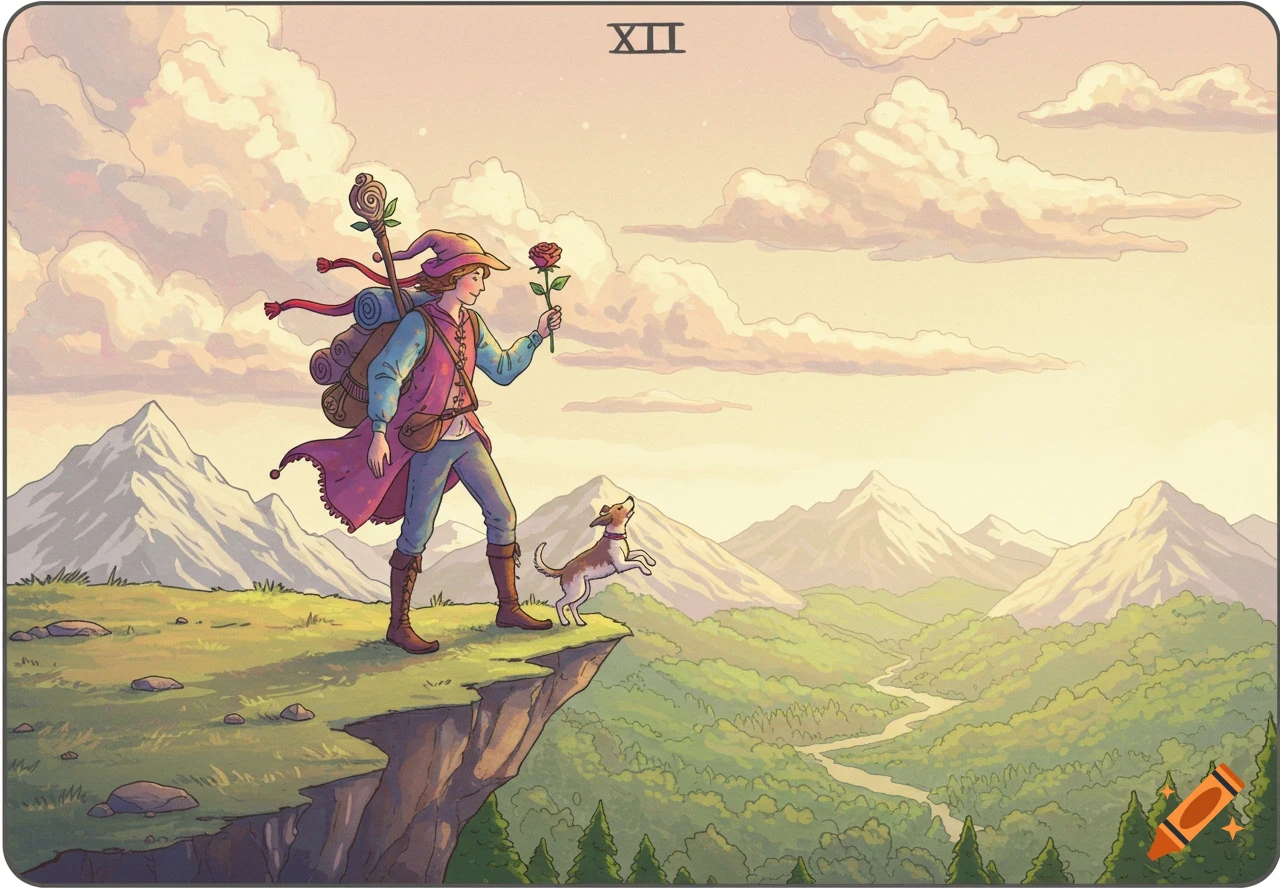 A stylized illustration of a wanderer holding a rose, accompanied by a small dog, standing on a cliff overlooking a mountain valley, with Roman numerals XII at the top.