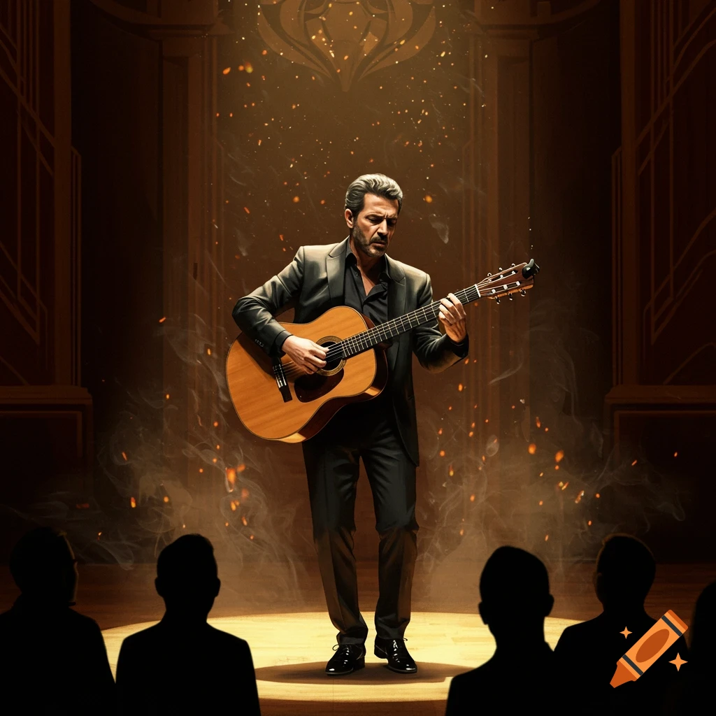 A man plays an acoustic guitar on a spotlighted stage with a silhouetted audience, rendered in a photorealistic style.