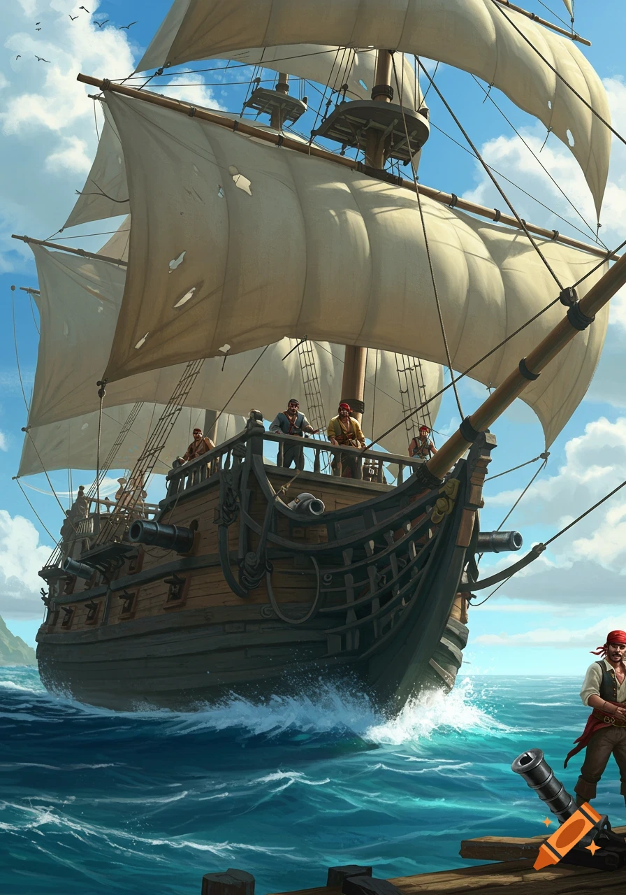 A large pirate ship with tattered sails and pirates on deck sails on a rough blue ocean under a partly cloudy sky. A pirate and cannon are on a wooden dock in the foreground.