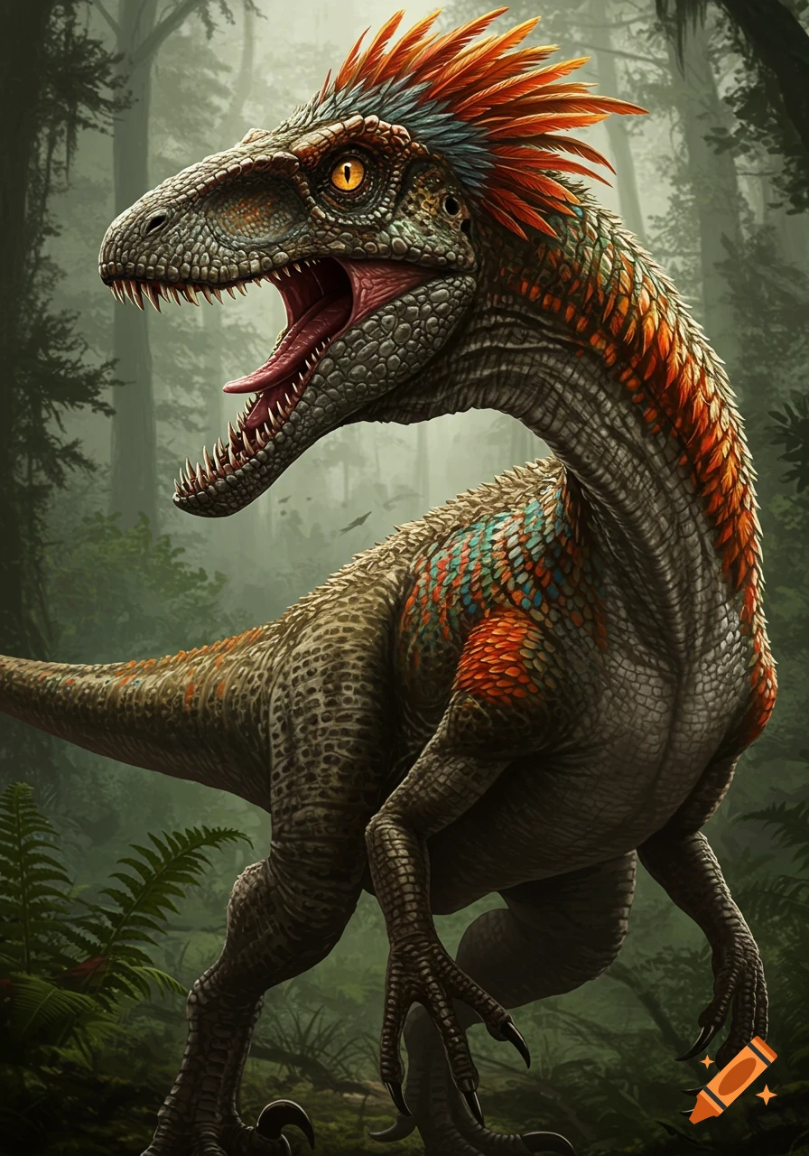 A colorful feathered deinonychus with scales, mouth open, stands in a dense, misty prehistoric forest.