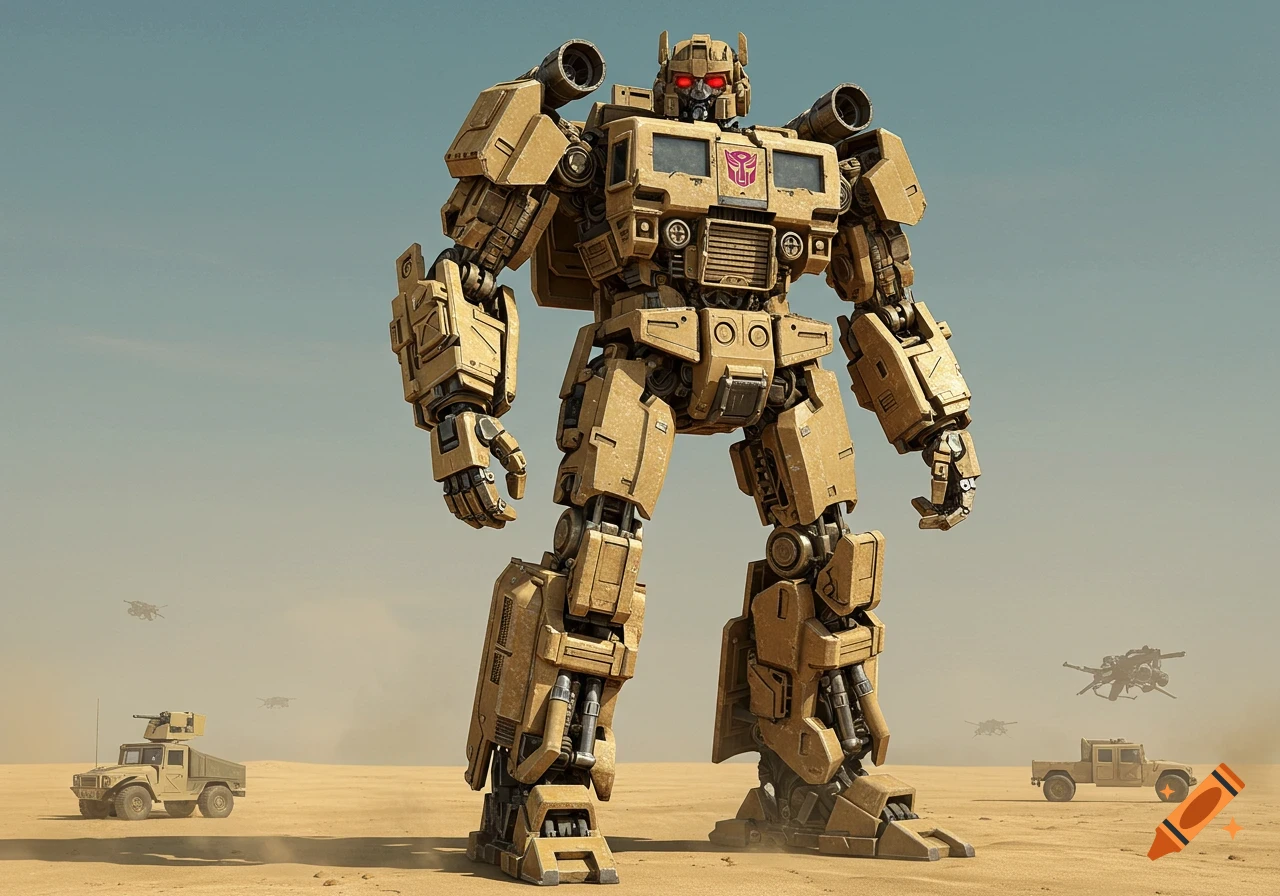 A large, tan desert-camo robot with red eyes and the Autobot logo stands in a dusty desert landscape with military vehicles.