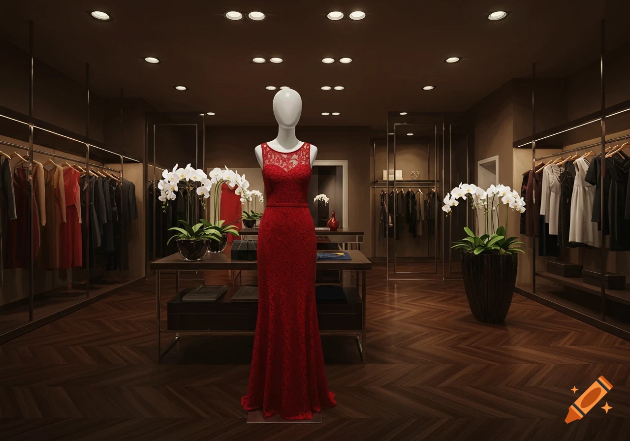 A red lace dress on a mannequin in an upscale clothing store, surrounded by racks of clothes and white orchids.