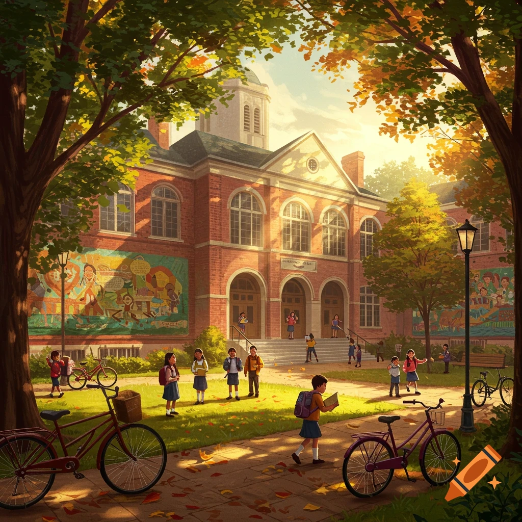 An illustration of children and bikes outside a brick school building in autumn, bathed in warm sunlight.