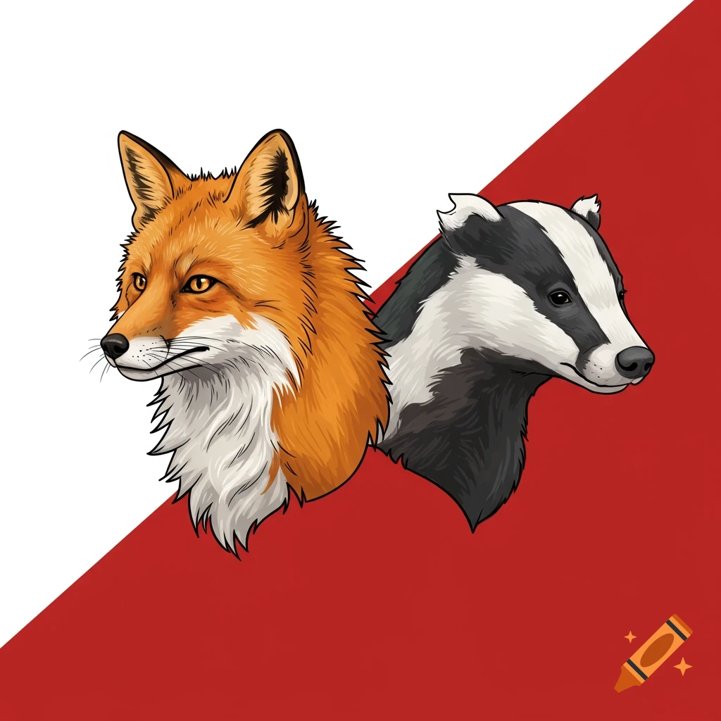 Stylized illustration of a fox head and a badger head facing right, side by side, on a diagonal red and white background.