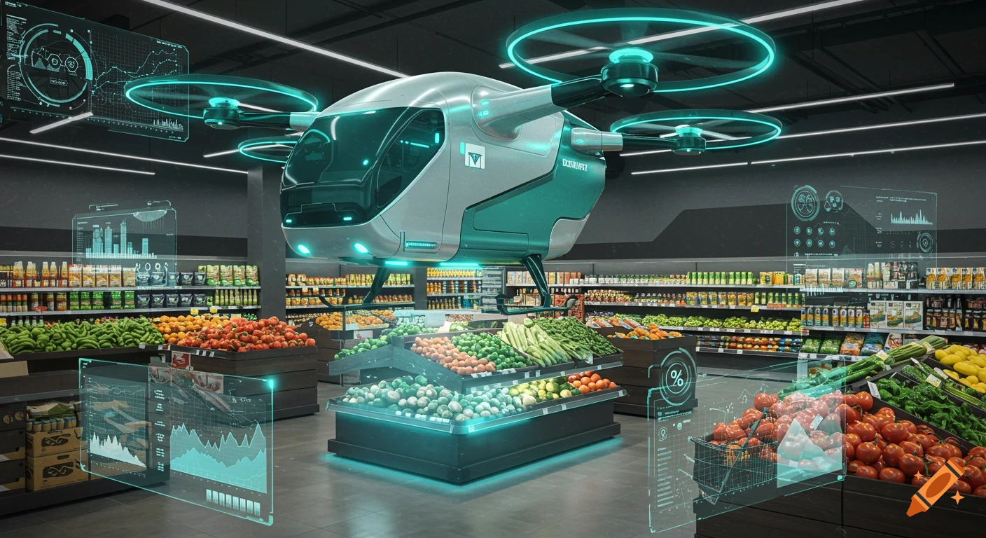 A futuristic silver drone with glowing cyan rotors hovers above fresh produce in a modern grocery store, with holographic data displays.
