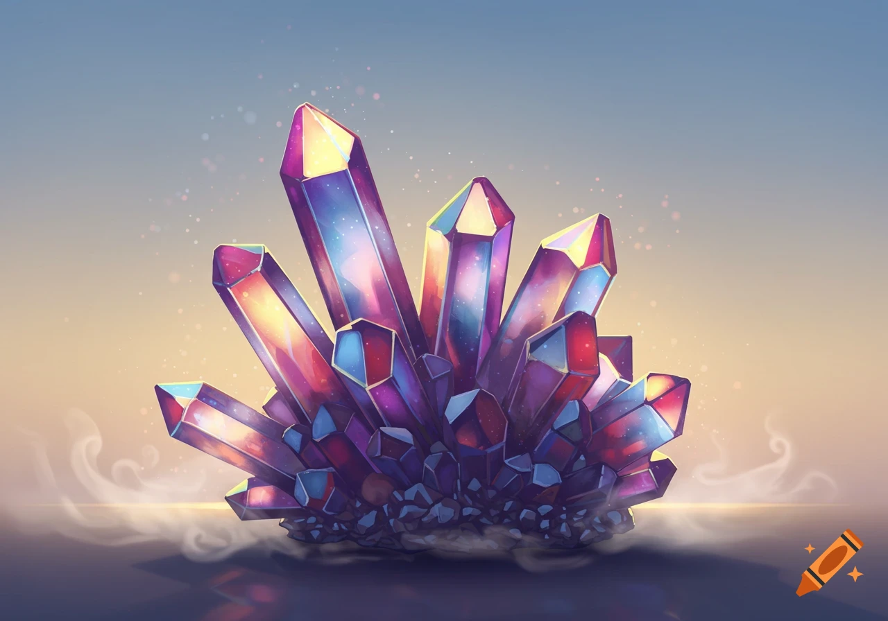 A vibrant cluster of iridescent crystals reflecting a rainbow of colors, set against a soft gradient sky in an illustrated style.