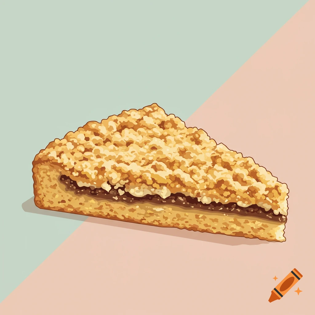 A graphic illustration of a slice of crumble cake with a filling on a split pastel background.