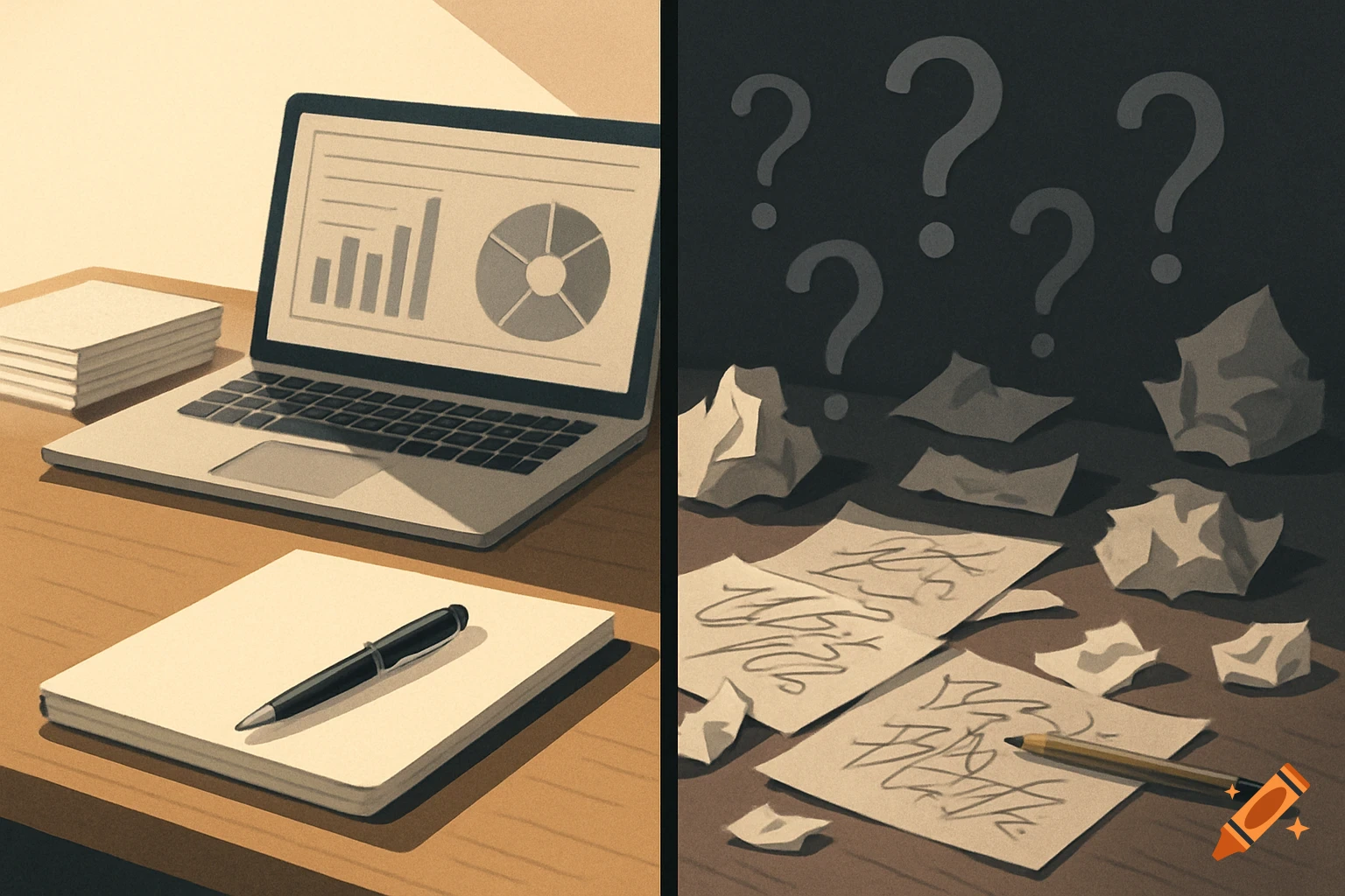 Split image: left side shows an organized desk with a laptop and notebook; right side shows crumpled papers, scribbles, and floating question marks, in an editorial illustration style.