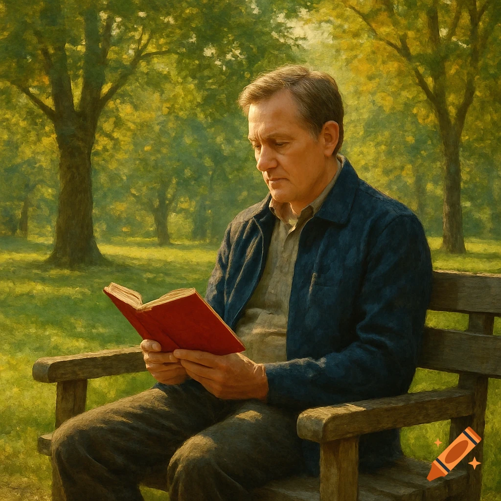 A middle-aged man reads a red book while sitting on a wooden bench in a serene, sunlit park with lush trees. Painterly style.
