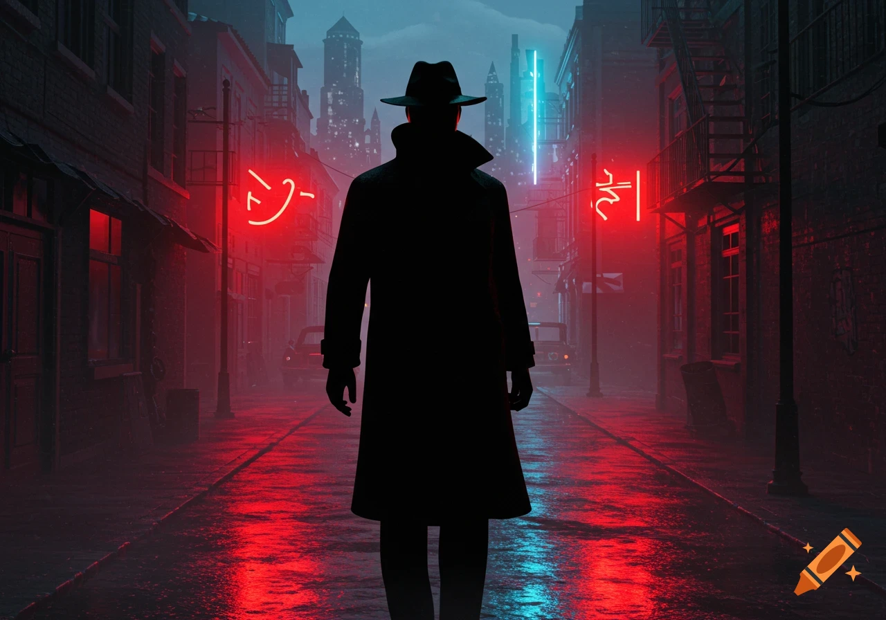 A silhouetted detective in a trench coat walks down a rainy, neon-lit cyberpunk city street.