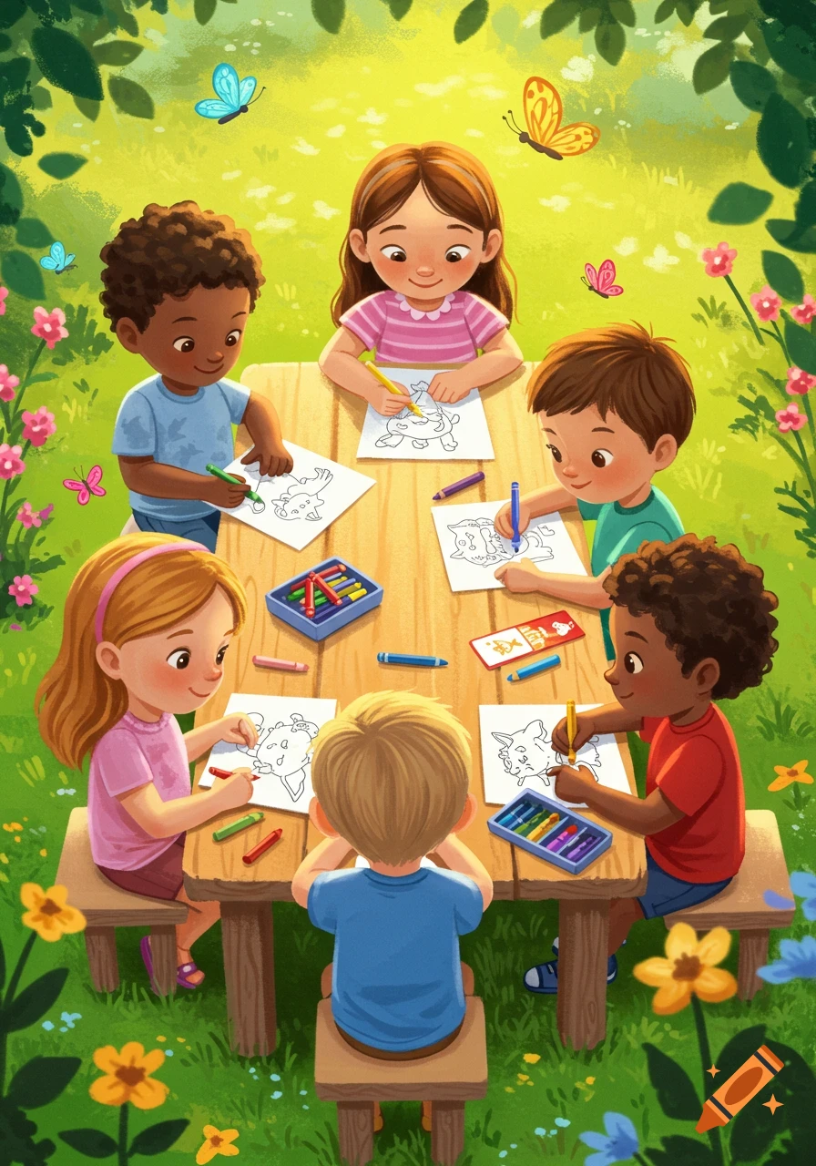 An illustration of diverse children coloring at a wooden table outdoors, surrounded by green foliage and butterflies.