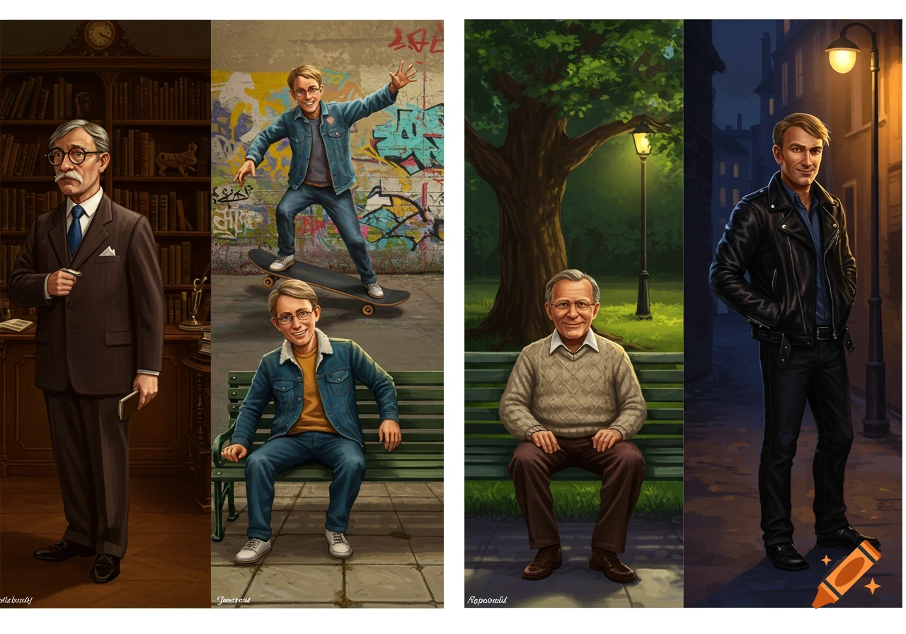 A four-panel illustration showing a man in different life stages and personalities: as an elderly professor, a young skater, a seated grandpa, and a leather-clad tough guy.